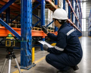 Kỹ sư kiểm tra chân trụ kệ kho bị cong vênh trong quy trình tự kiểm tra sập kệ