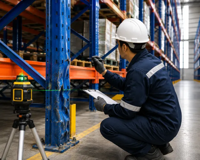 Kỹ sư kiểm tra chân trụ kệ kho bị cong vênh trong quy trình tự kiểm tra sập kệ